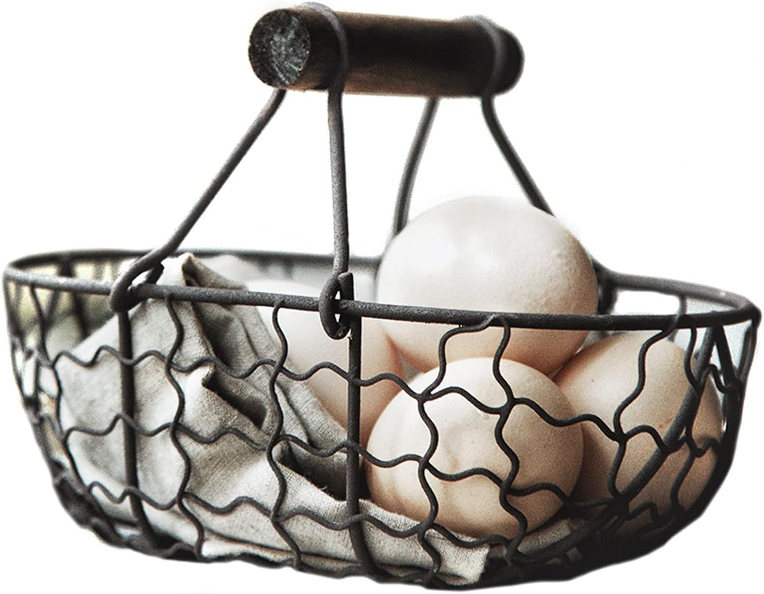 Metal Wire Basket with Wooden Handles Farmhouse Chicken Egg Storage
