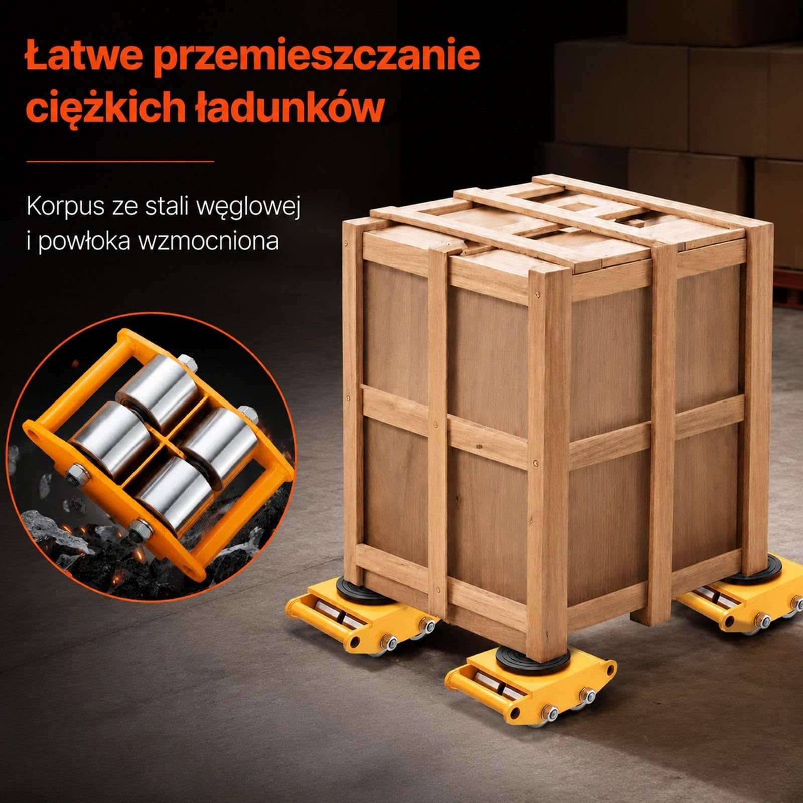Zestaw 4 rolek transportowych do maszyn, nośność 12 ton, stal węglowa, 4 stalowe koła i obrotowe płyty górne do warsztatów, magazynów i fabryk