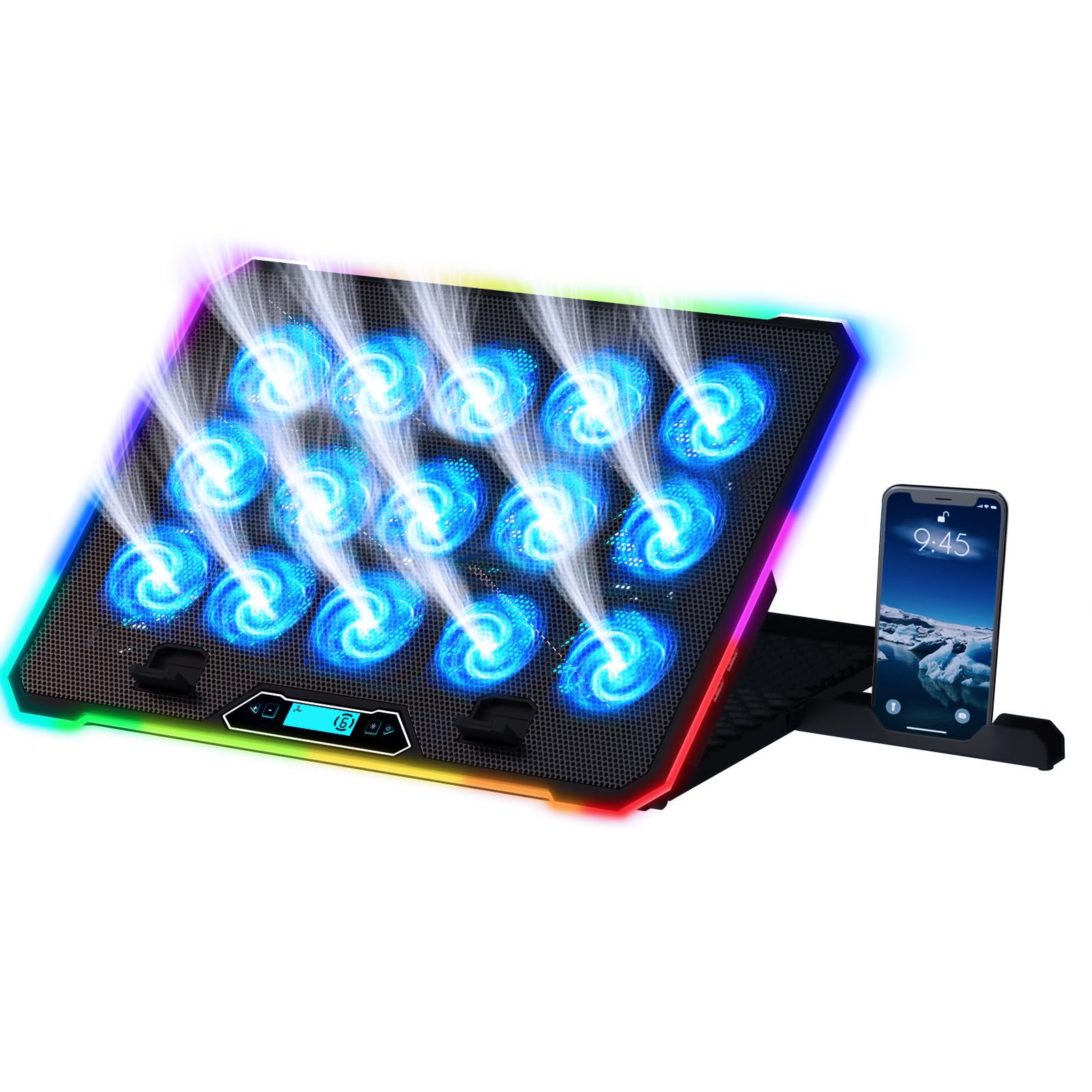 KLIM V15 Gaming Laptop Cooler Base with 15 Fans + Stable RGB Laptop Stand with Fan + Compatible up to 17" + 2 USB Ports + Phone Holder