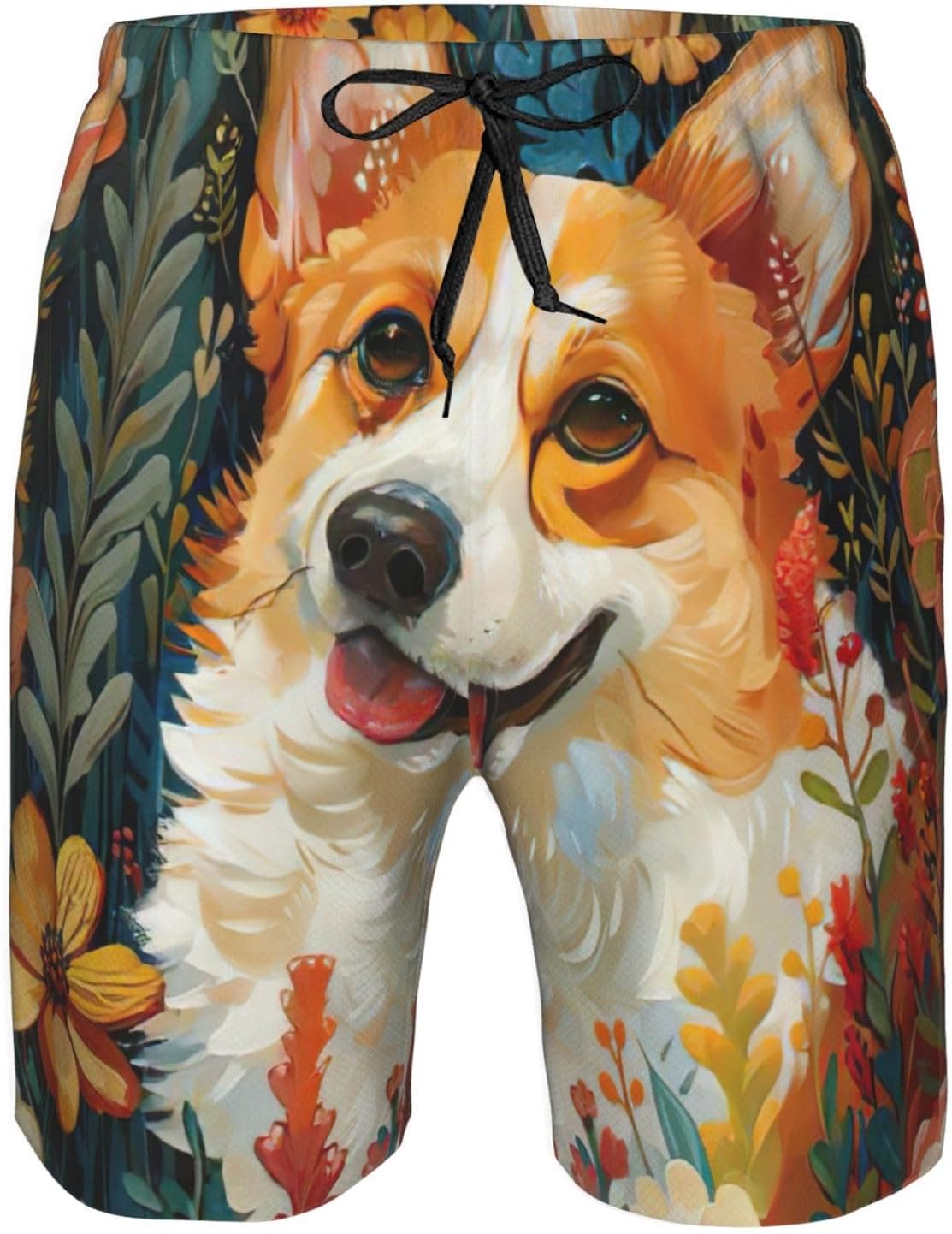 Corgi Floral Flowers Spring Garden Print Men's Swim Trunks Quick Dry Beach Shorts with Pockets Lining Swimwear Bathing Shorts