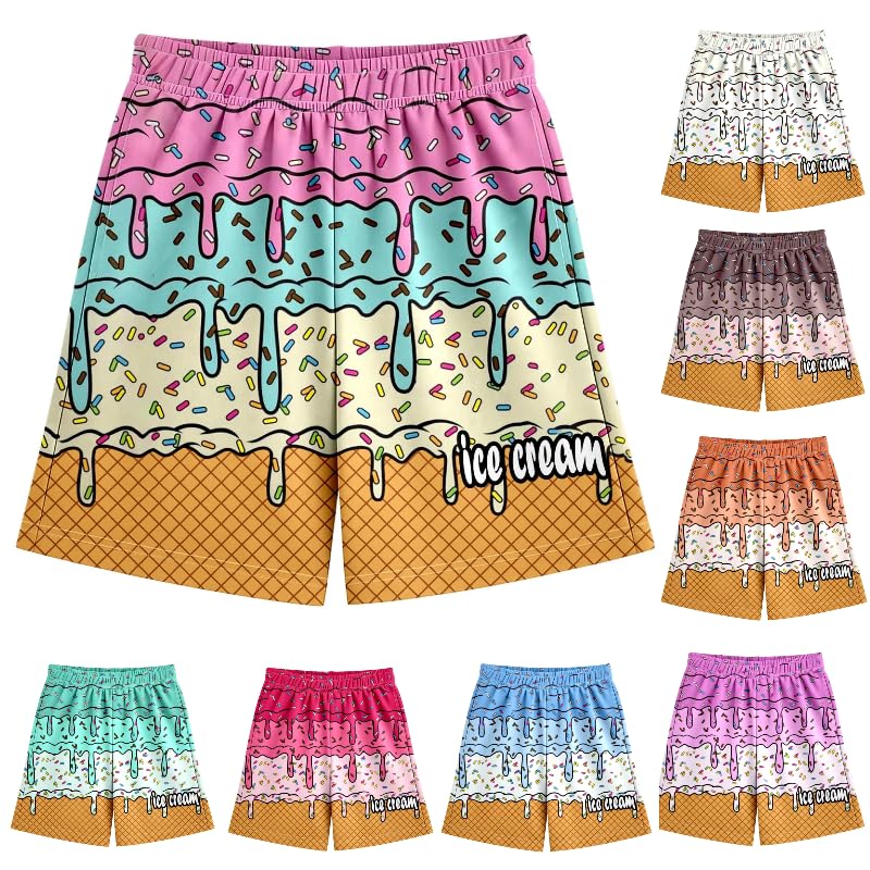 Ice Cream Shorts Boys Girls Summer Beach Cute Preppy with Pockets Elastic Waist Ice Cream Drip Baseball Shorts 2-14 Y