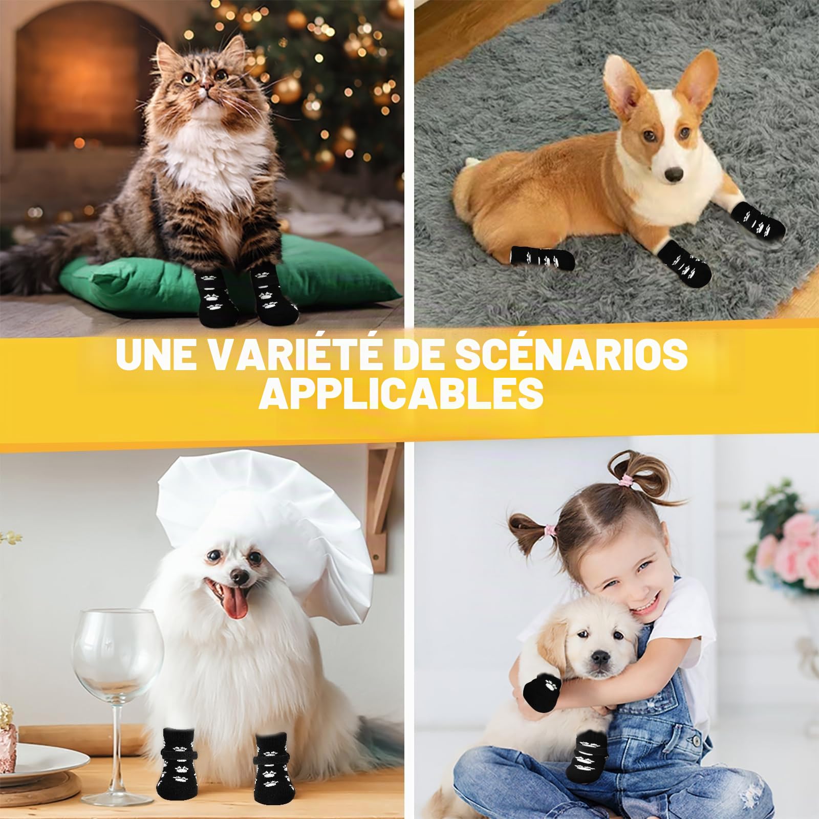 AUAUY Chaussettes Anti-Dérapantes Chien Chat, Chaussette Chien, Protège Les Pattes de l’Animal et Les Sols Intérieurs, avec Bandes De Fixation Réglables, pour Les Petits ou Moyen Chiens et Chats - S