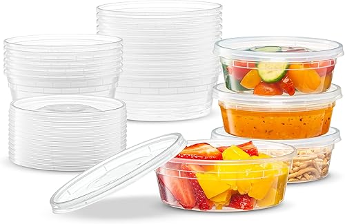 Elegant Disposables 8 onzas 24 juegos de recipientes de plástico para almacenamiento de alimentos con tapas flexibles herméticas para microondas,