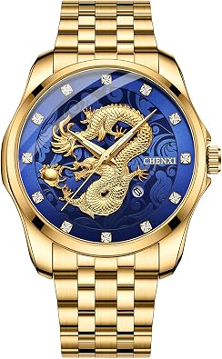 Avaner Mens Gold Dragon Watches Stainless Steel Band Analog Quartz Wrist Watches with Date and Luminous Hands