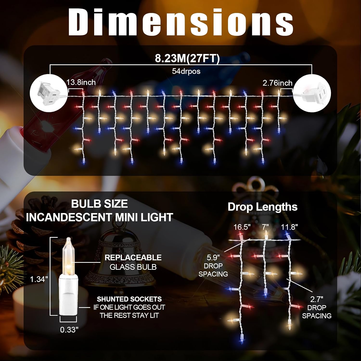 300L Patriotic Frosted Icicle String Lights, White Wire, Red & White & Blue Color, 120V, for Independence Day & Patriotic Decor