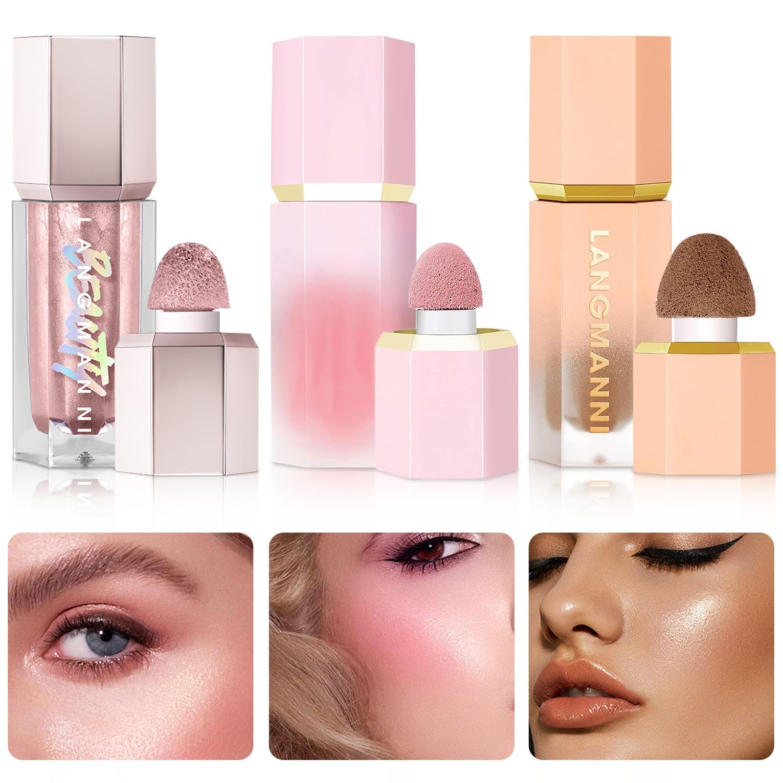 3 PCS Colorete Líquido para Mejillas, Maquillaje Colorete Líquido en Crema Gel para mejillas, Suave, Ligero y Transpirable, de Larga Duración, a Prueba de Manchas