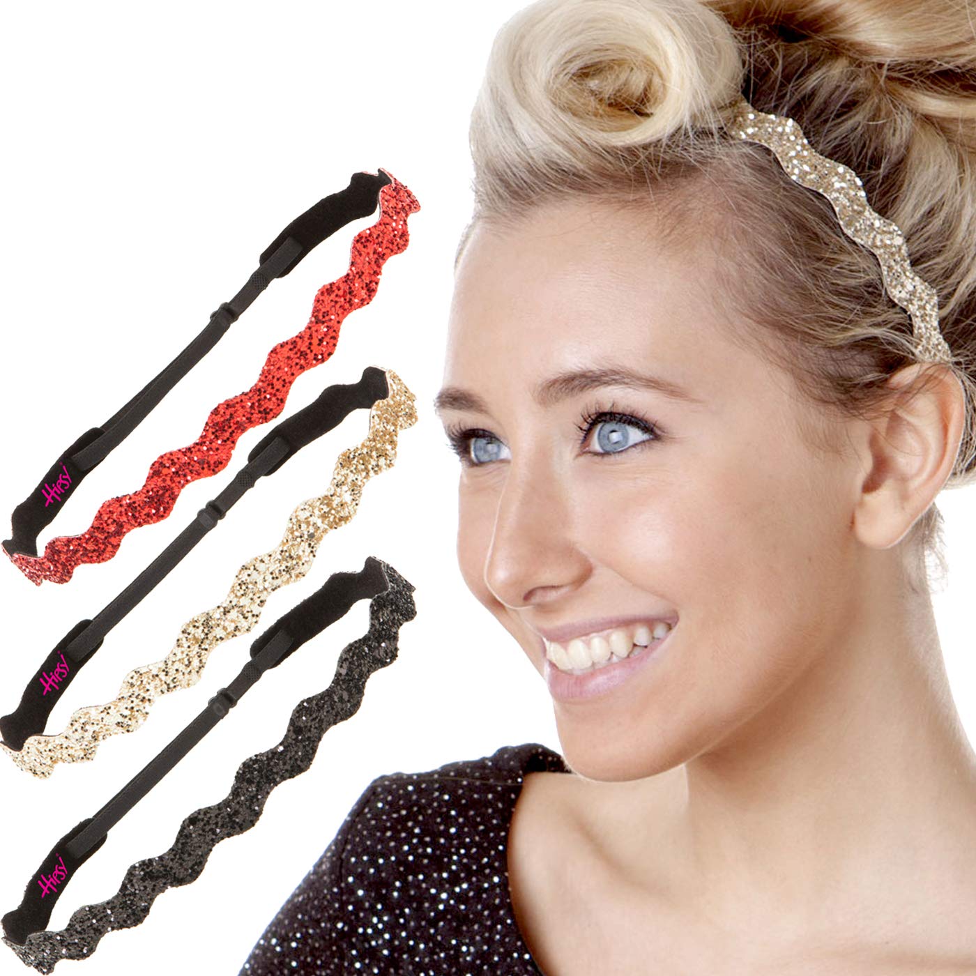 Hipsy PLUS Size, Adjustable No Slip Sparkly Bling Glitter Wave 3pk Headbands for Women Girls & Teens (Wave Gold/Black/Silver)