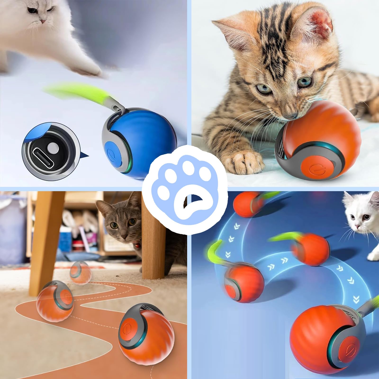 Juguete para gatos Speedy Tail 2.0, pelota interactiva para interiores, juguete Speedy Tail, pelota con movimiento automático, ajuste de dos velocidades, recargable por USB (azul): Amazon.es: