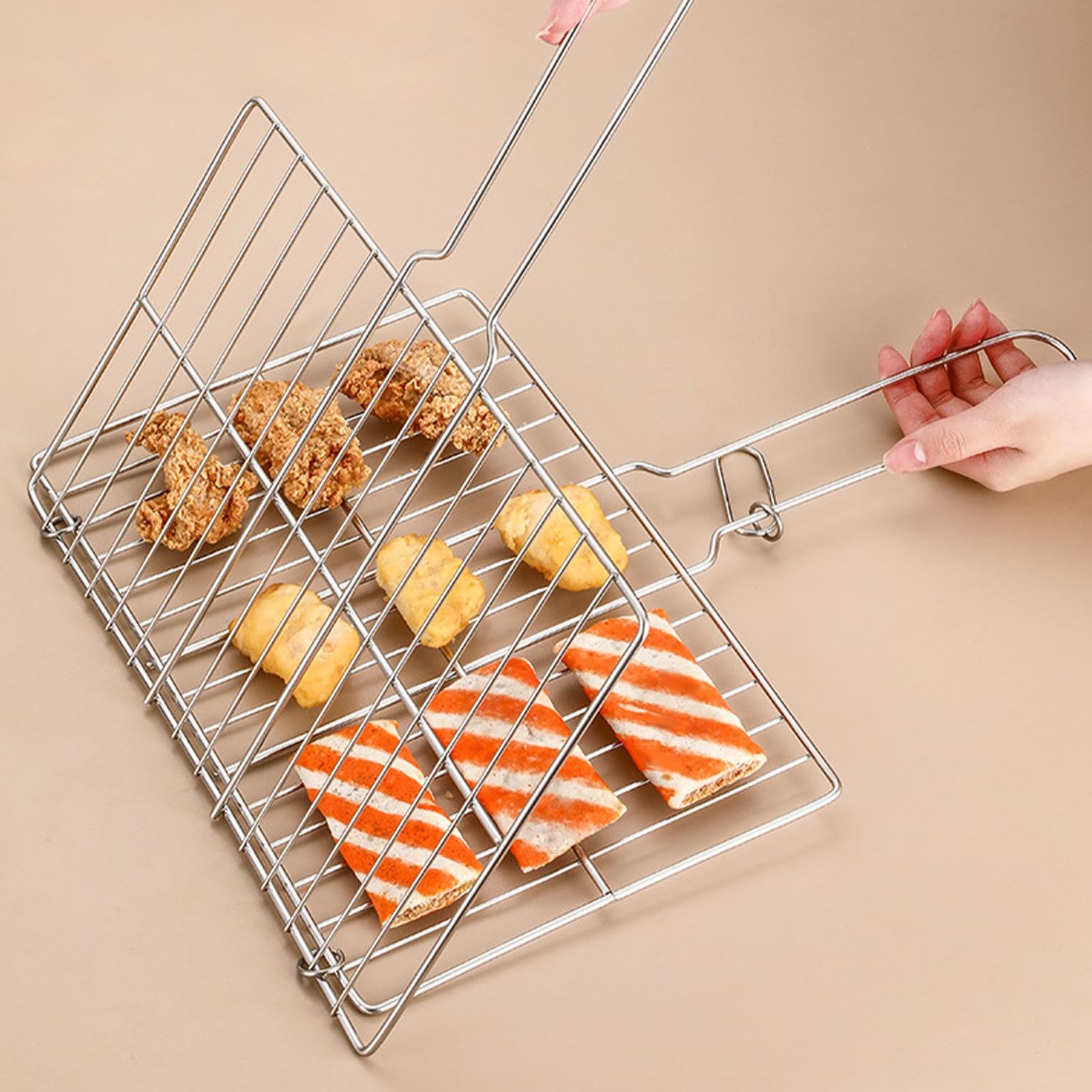 Cesta para barbacoa – Cesta de parrilla de pescado | Cesta plegable | portátil de acero inoxidable para barbacoa | Cesta rectangular ligera para parrilla | Estante de barbacoa para acampar al air
