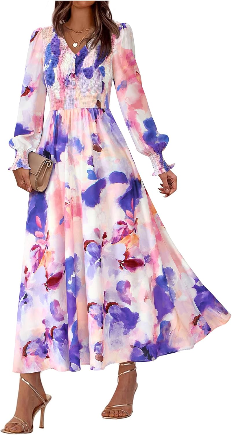 BTFBM Women Spring Wedding Guest Maxi Dresses 2026 Floral V Neck Long Sleeve Boho Long Dress Vacation
