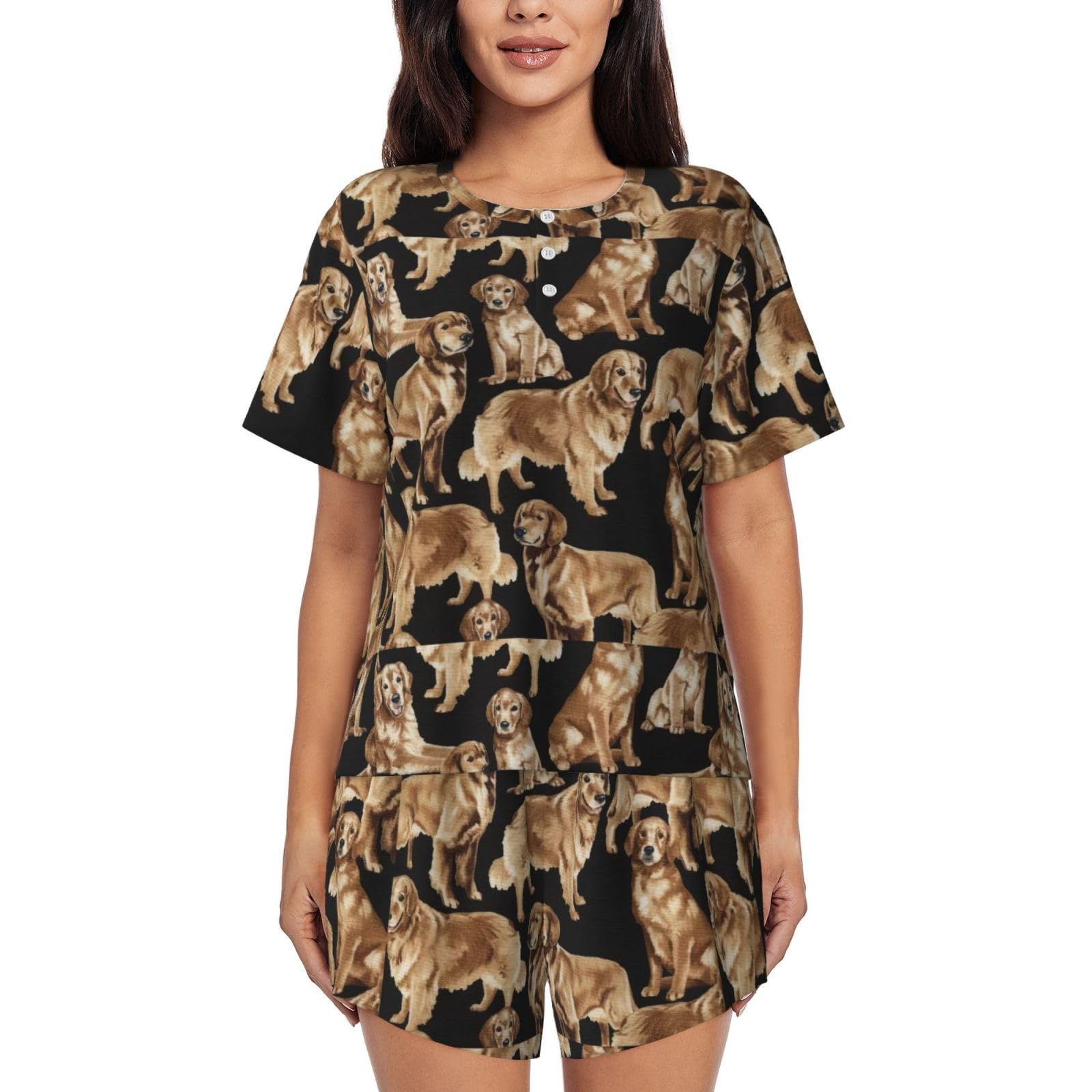 Wurton Women's Black Golden Retrievers Pajama Sets Comfy Short Sleeve Sleepwear Tops And Shorts Cute Pjs 2 Piece Lounge Set S-Xxl, M