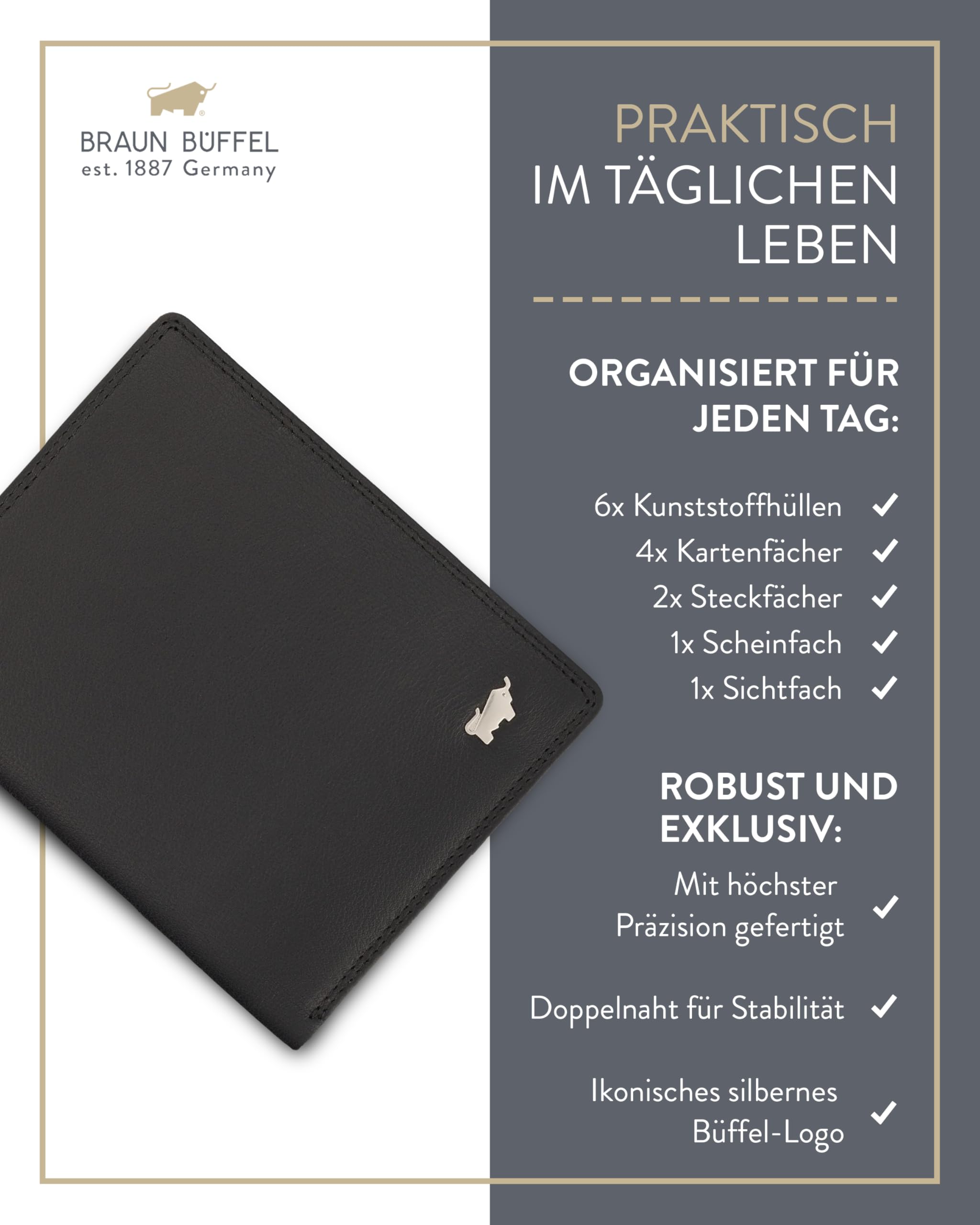 BRAUN BÜFFEL - Ausweishülle Kartenhalter Herren aus echtem Rindleder Golf 2.0 - Cardholder Ausweisetui mit 6 Kunststoffhüllen & 4 Kartenfächer für Ausweis, Führerschein, Visitenkarten etc. - Schwarz