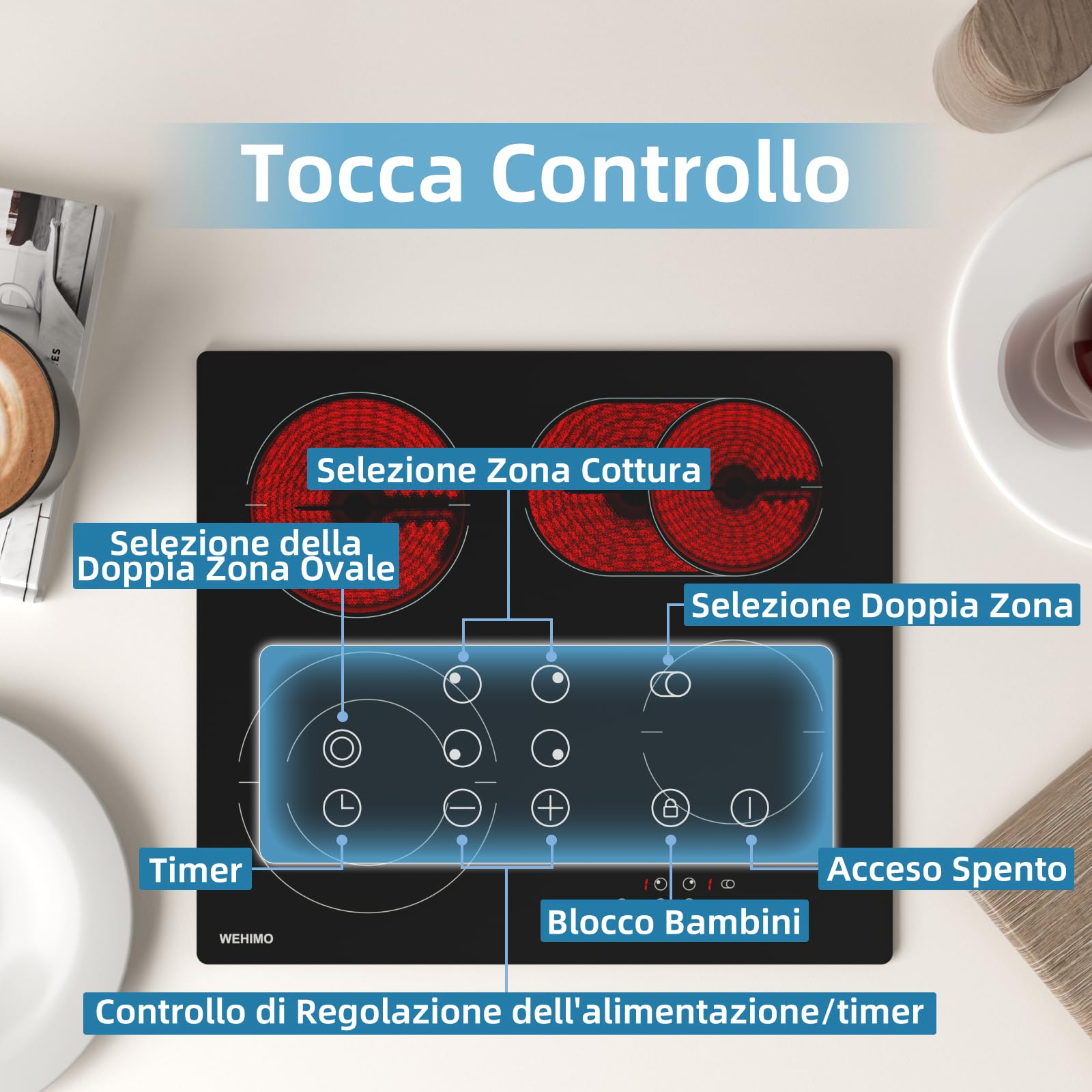 WEHIMO Piano Cottura Elettrico 4 Fuochi, 7200W, Piano Vetroceramica, Drehknopfsteuerung, 9 Livelli di Riscaldamento, Timer, Blocco di Sicurezza per Bambini, Adatto a Tutte le Pentole - 4