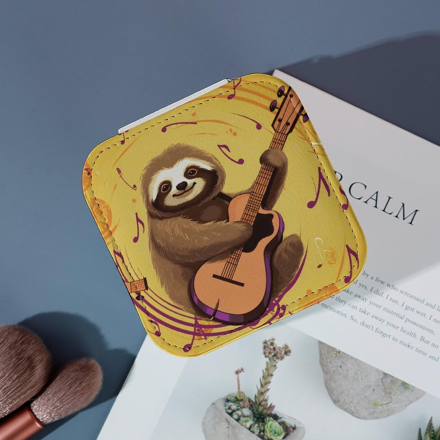 Music And Sloth on Yellow Background Jewelry Box Travel Jewelry Case Organizer Portable Display Storage Box for Rings Earrings Necklaces Small Jewelry Box Portable PU Leather Mini Jewelry Case image 4