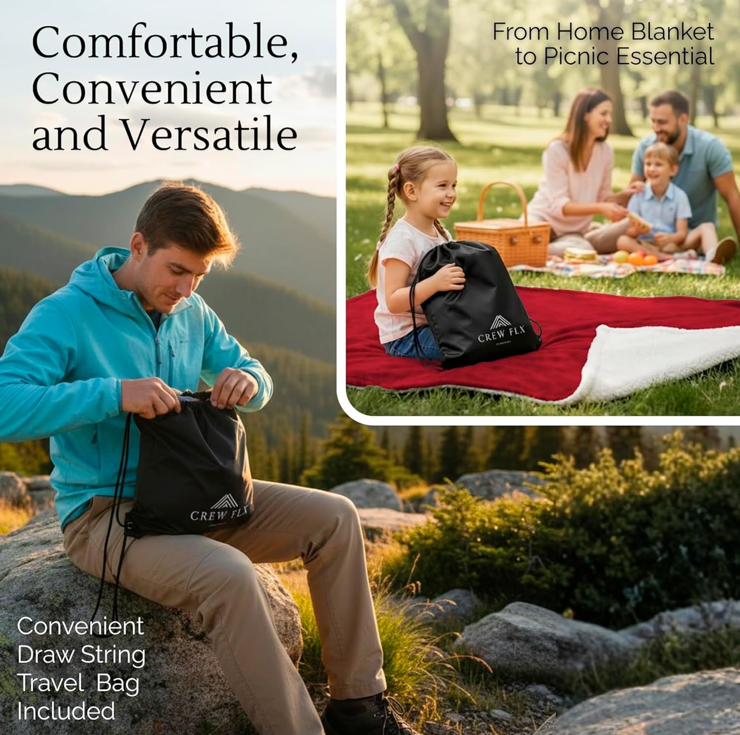 CREW FLX Waterproof Blanket for Bed Intimacy (80"x 60" Queen Size) Reversible Fleece | Sherpa, Love Blanket, Water Proof TPU Stain Proof Couch Furniture Mattress Winter Large Dog Bed Cover - Gray: Red Sherpa Fleece 80 x 60 inch