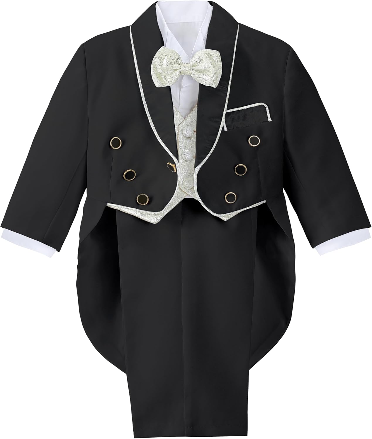 Dressy Daisy Baby Boy Classic Tuxedo Suit 5 Pcs Set Formal Dress Wear Wedding Outfit with Gold Jacquard Vest, Black/White