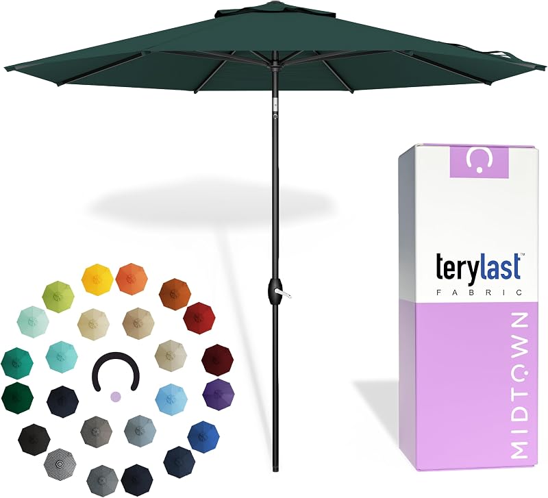 Midtown Umbrellas - Paraguas de patio de 9 pies que no se decolora durante 10 años con tela Terylast, marco de aluminio con inclinación automática y 8 varillas reforzadas para terraza, pileta, jardín y playa - Toldo verde bosque, poste negro