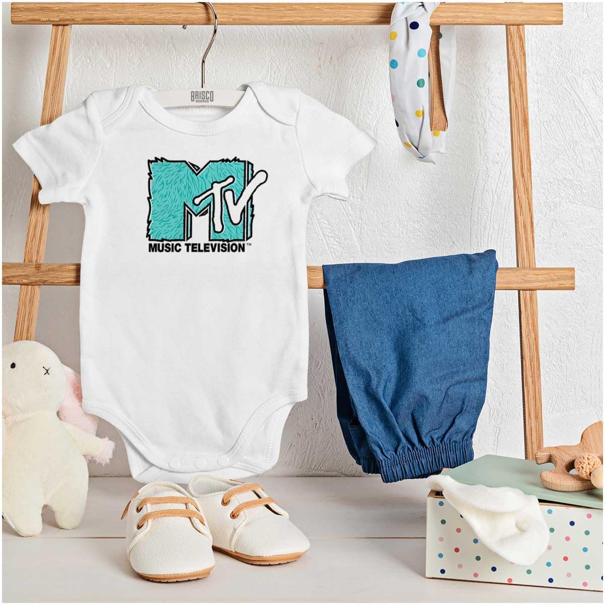 Brisco Brands Cool Retro MTV Fluffy Fur Logo Baby Romper Boys or Girls