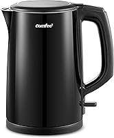 Vista 1 de Hervidor eléctrico y tetera de COMFEE', 1.5L de doble pared, interior de acero inoxidable, tapa y pico, hervido rápido, apagado automático