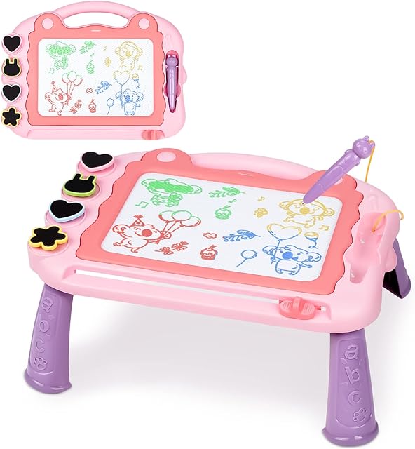 Sarsumir Magnetic Drawing Board, 30×23cm 4 Colors Doodle Scribble Board Erasable Sketch Writing Pad with 4 Stamps & Removable Legs Educational Toy for 2 3 4 5 6 Year Old Boys Girls Kids Toddlers, Pink