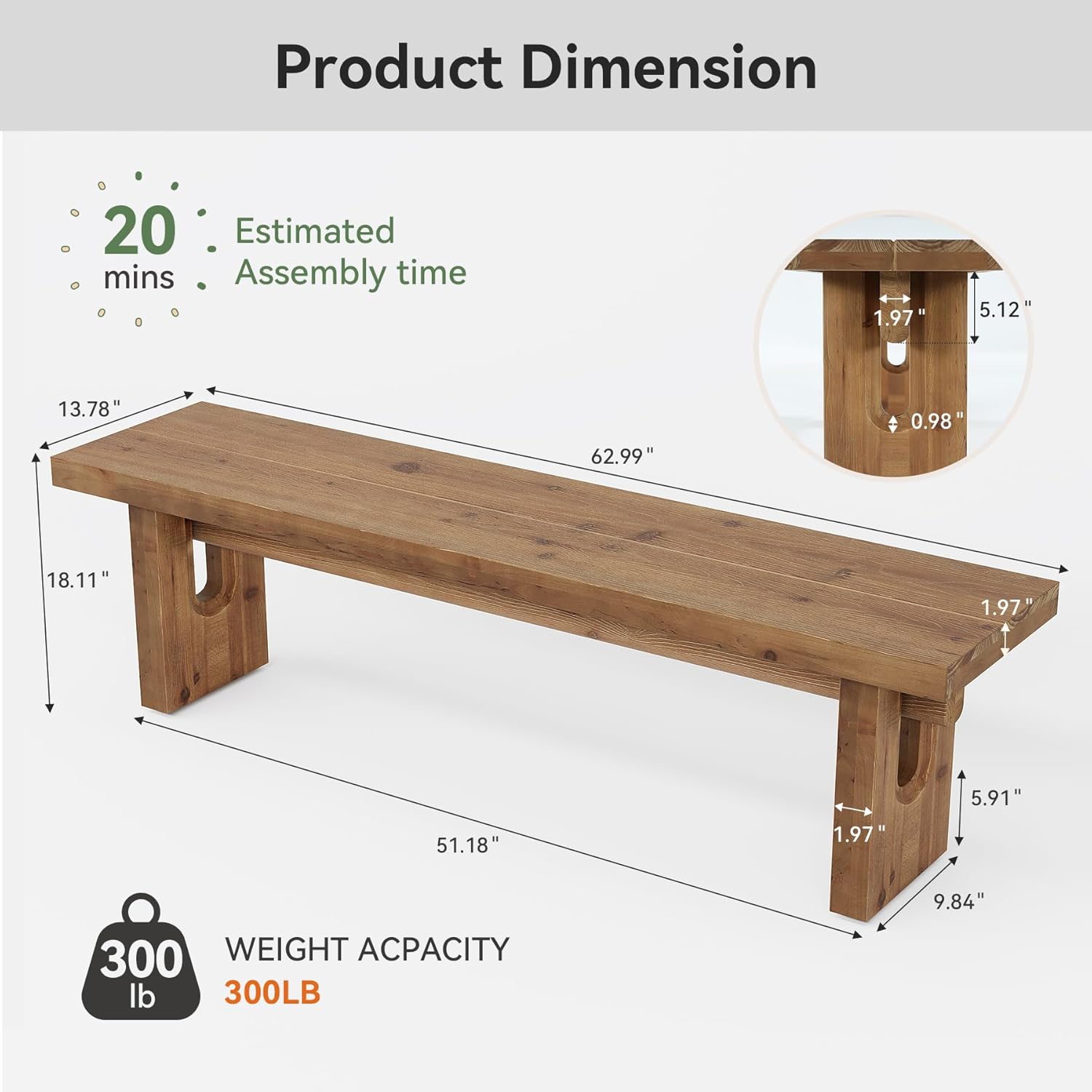 63" Solid Wood Bench, Extra Long Farmhouse Dining Bench for Kitchen Table, Rustic Wooden Entryway Bench, End of Bed Indoor Seating, Natural Brown