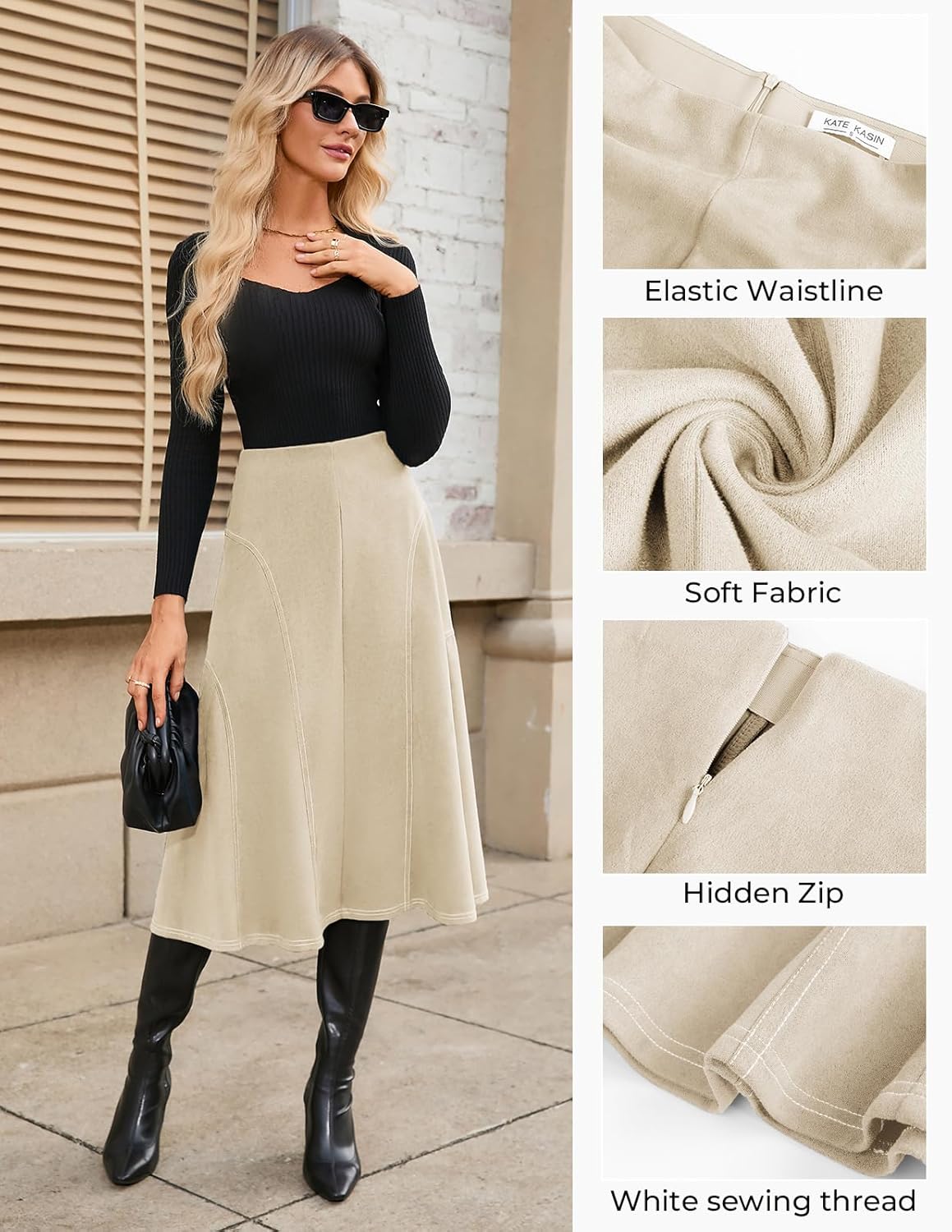 Kate Kasin Women's Suede Midi Skirt 2025 Fall Winter High Waist A Line Skirt - Image 4