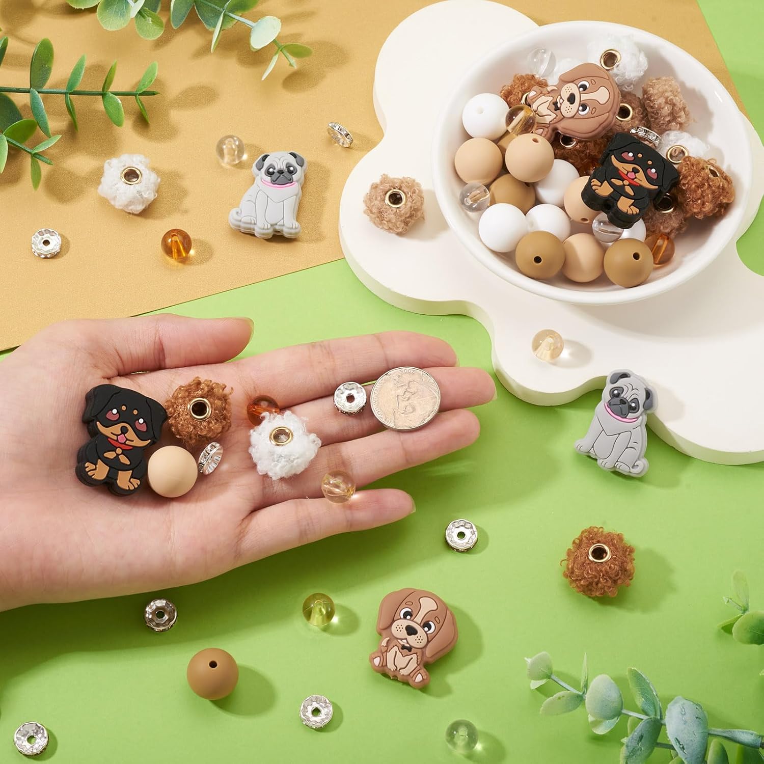 61Pcs Dog Silicone Focal Beads for Keychain Making, Fluffy Faux Fur Pom Poms Bead for Pens, Cute Dog Pappy Silicone Beads for Bracelet Earring Jewelry Making - Image 6