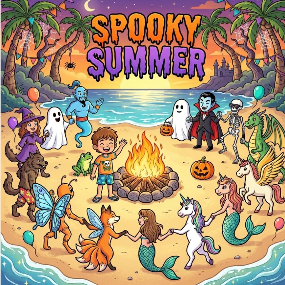 SPOOKY COZY SUMMER: 40 coloring pages Fun and Spooky Scenes with Youki, Ghosts, Vampires, Mermaids, and More – For Kids, Teens, and Adults