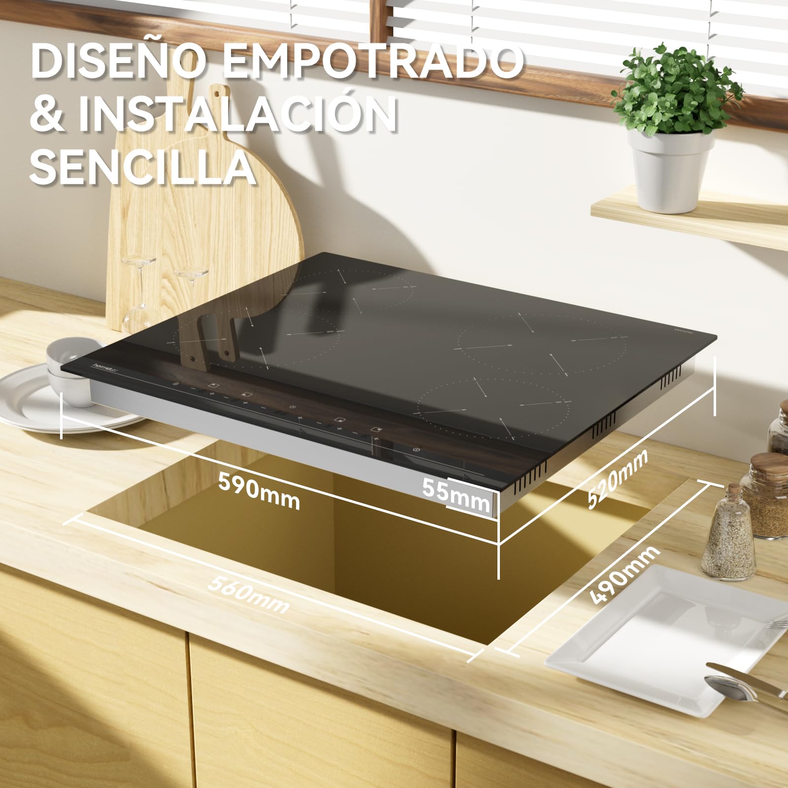 Hermitlux Placa Vitroceramica 4 Fuegos 59cm, 6600W, 9 Niveles, Sin Enchufe