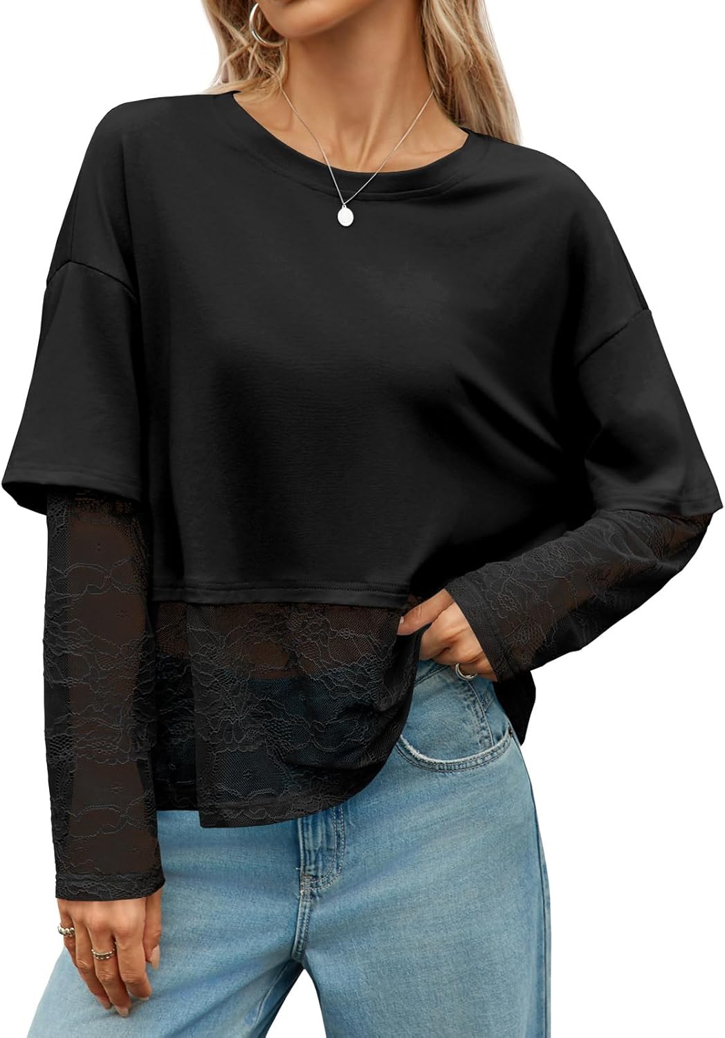 Tankaneo Womens Lace Long Sleeve Crop Top 2025 Crewneck Mesh T Shirts Casual Trendy Tops