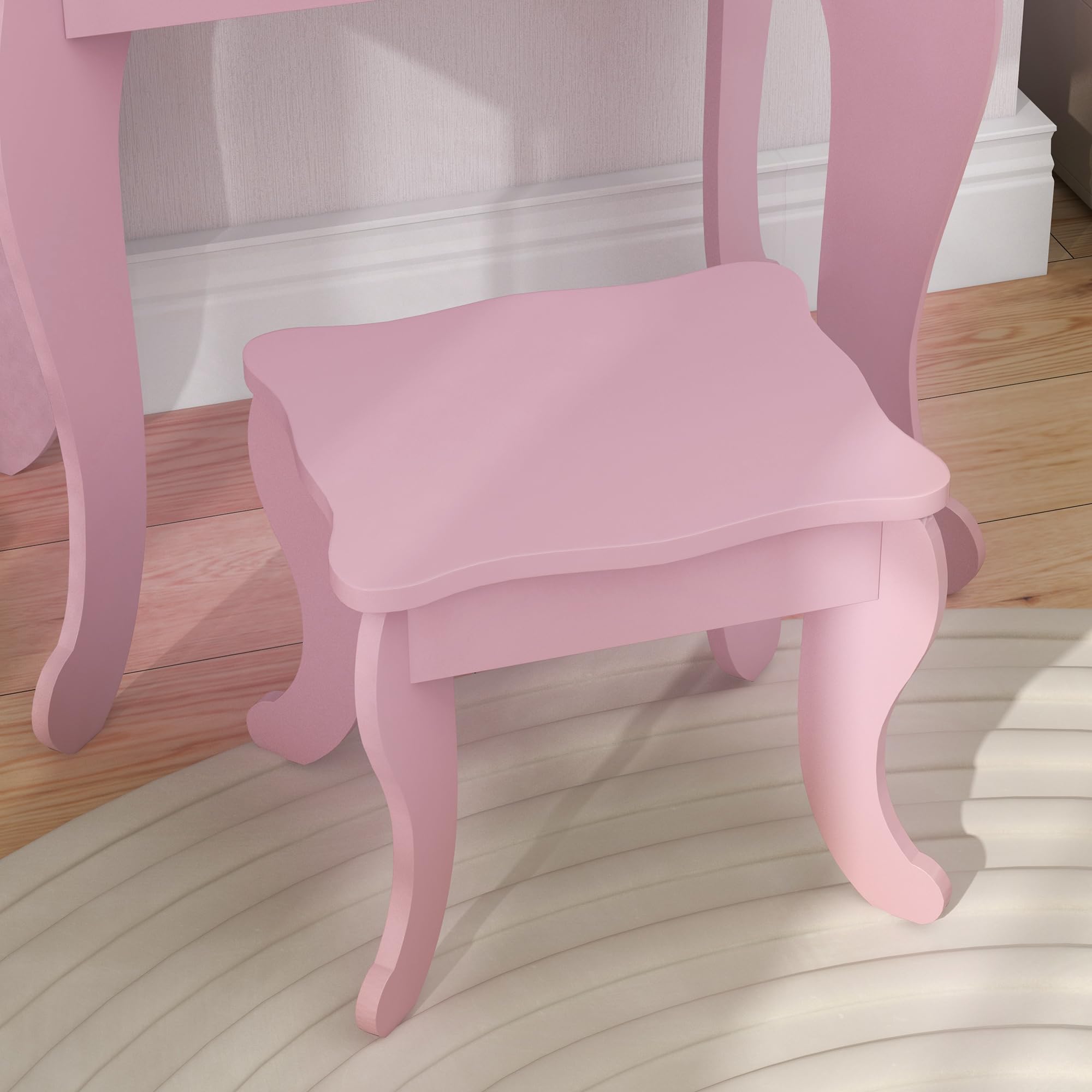 HOMCOM Tocador Infantil con Taburete y Espejo Ajustable, Tocador para Niñas con Cajón, Mesa de Maquillaje para Niños y Niñas de 3-6 Años, Rosa