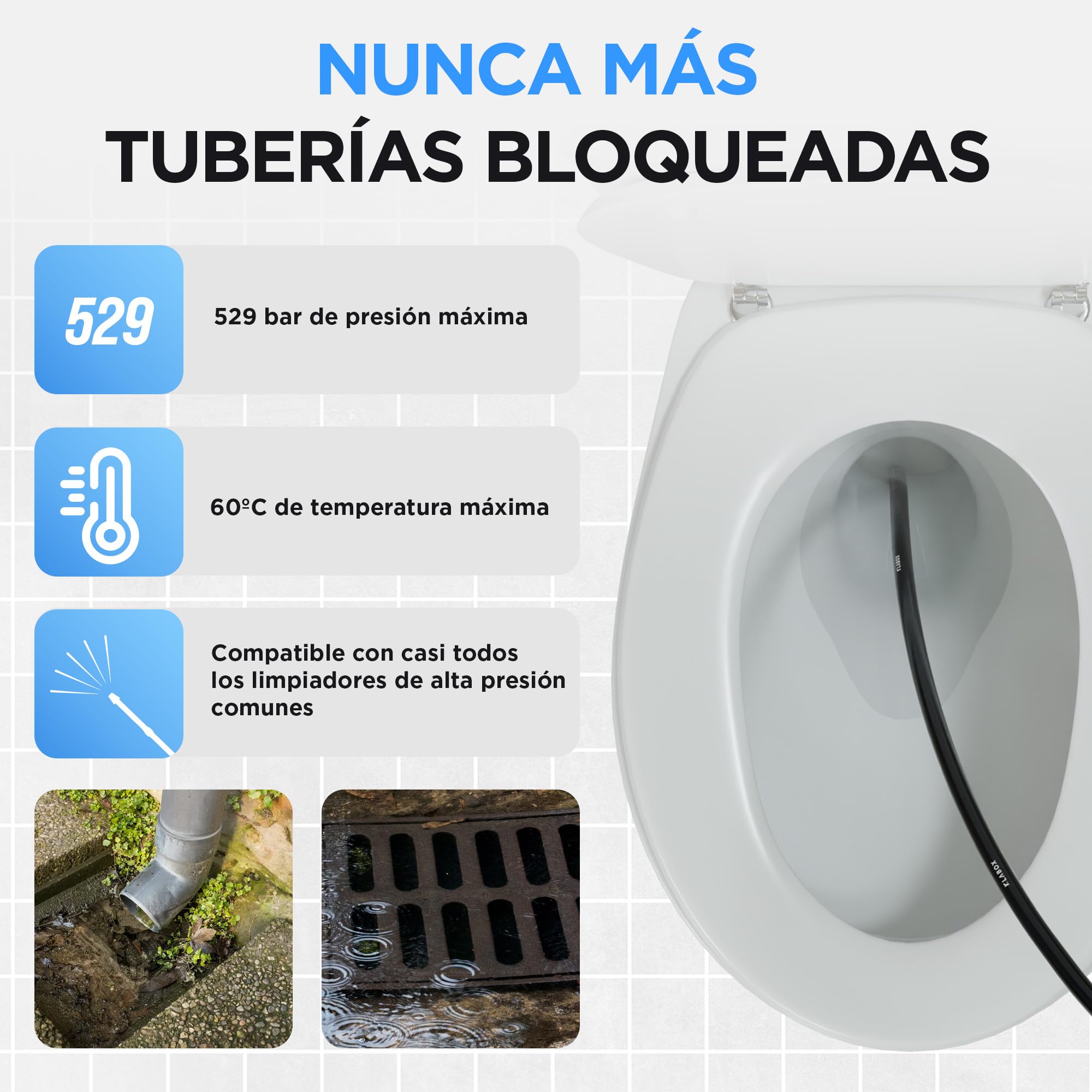 Desatascador Tuberias a Presion 15m | Desatascador Karcher compatible con Karcher K2-K7, Lavor, Bosch, Parkside y más Marcas | Incluye 3 Adaptadores, 2 Boquillas, 1 Bolsa y 1 Cinta Teflón