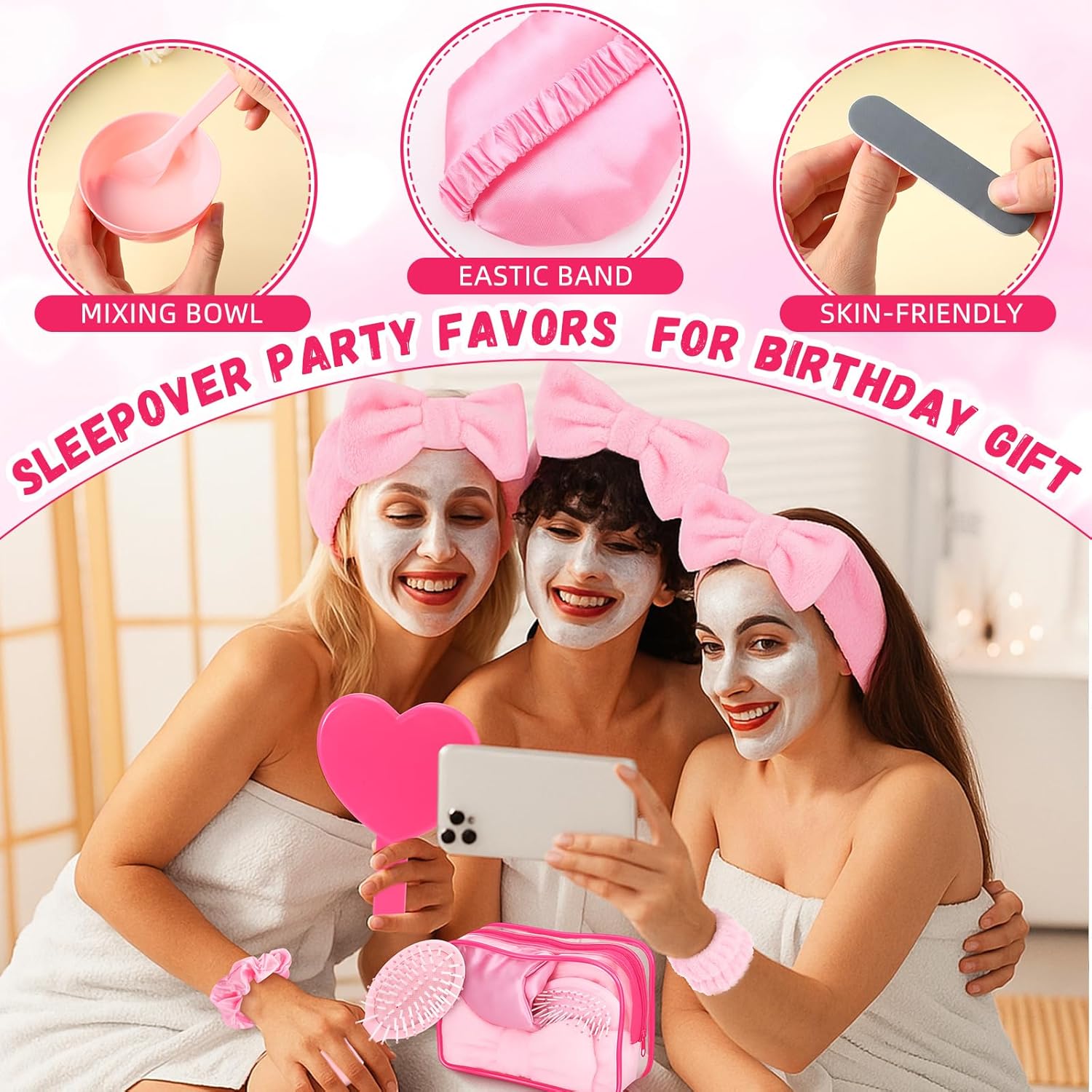 Geelin 132 Pcs/12 Set Spa Sleepover Party Favor Supplies Pink Cosmetic Bags with Heart Mirror Bow Headband Satin Hair Scrunchies Facial Mask Bowl Tool Kit Eye Mask Comb for Women Bridesmaid Gifts