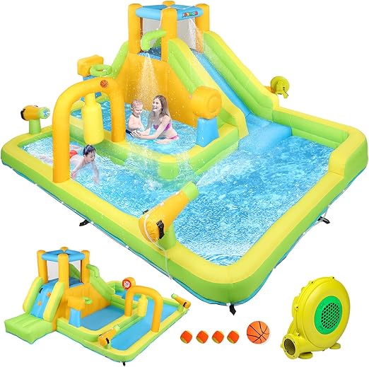 JOYMOR 10-in-1 Inflatable Water Slide Bounce House w/Deeper Pool, Obstacle Course, Climbing Wall, 1min Blow Up Water Slides for Kids Backyard Party Gift (Blower Included)