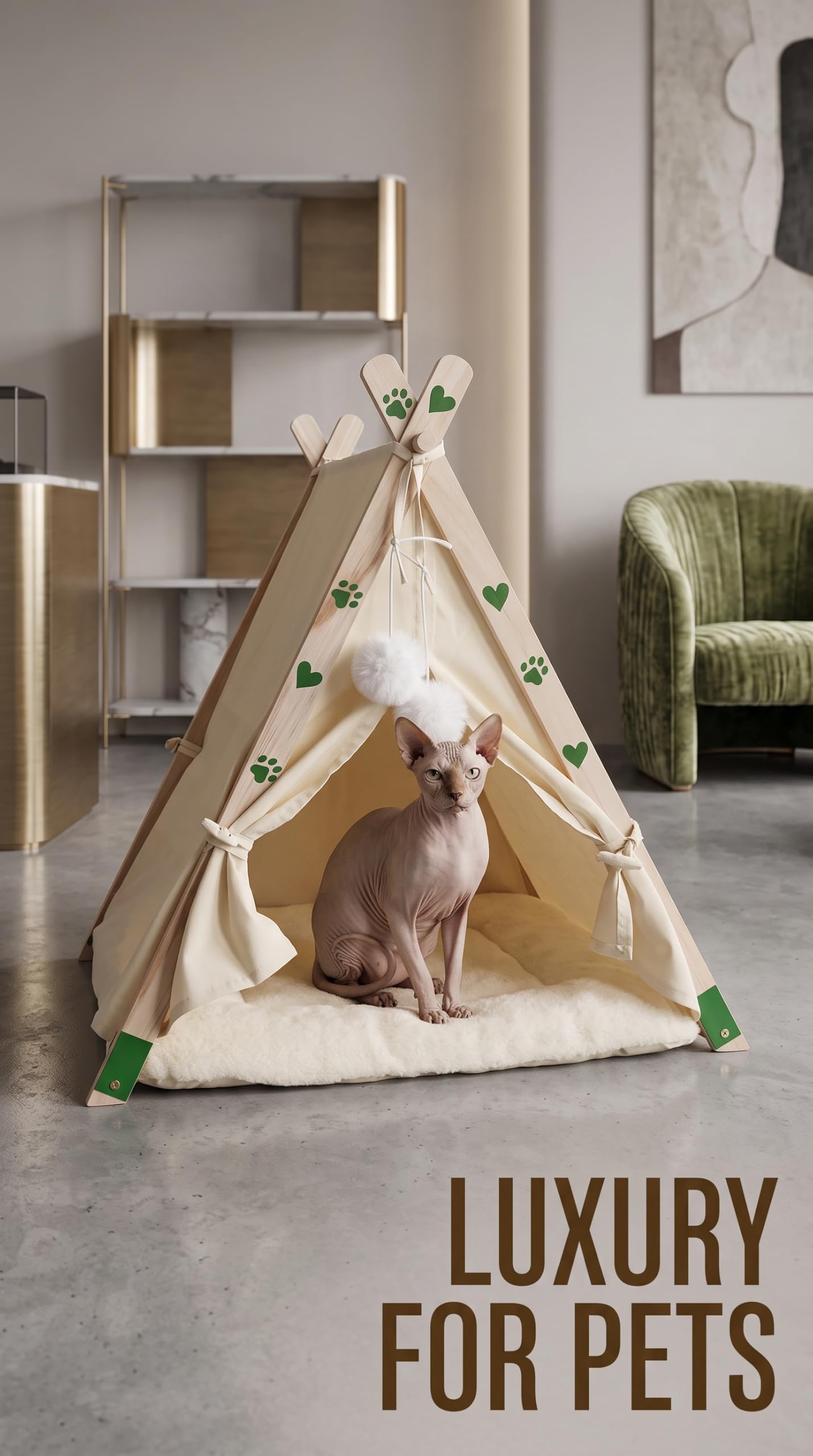 Tipi Lit pour chats et petits chiens – Grotte en bois massif, coton et lin respirant, niche igloo d'intérieur pour animaux de compagnie, chiots, berceau de voyage pliable et portable avec coussin