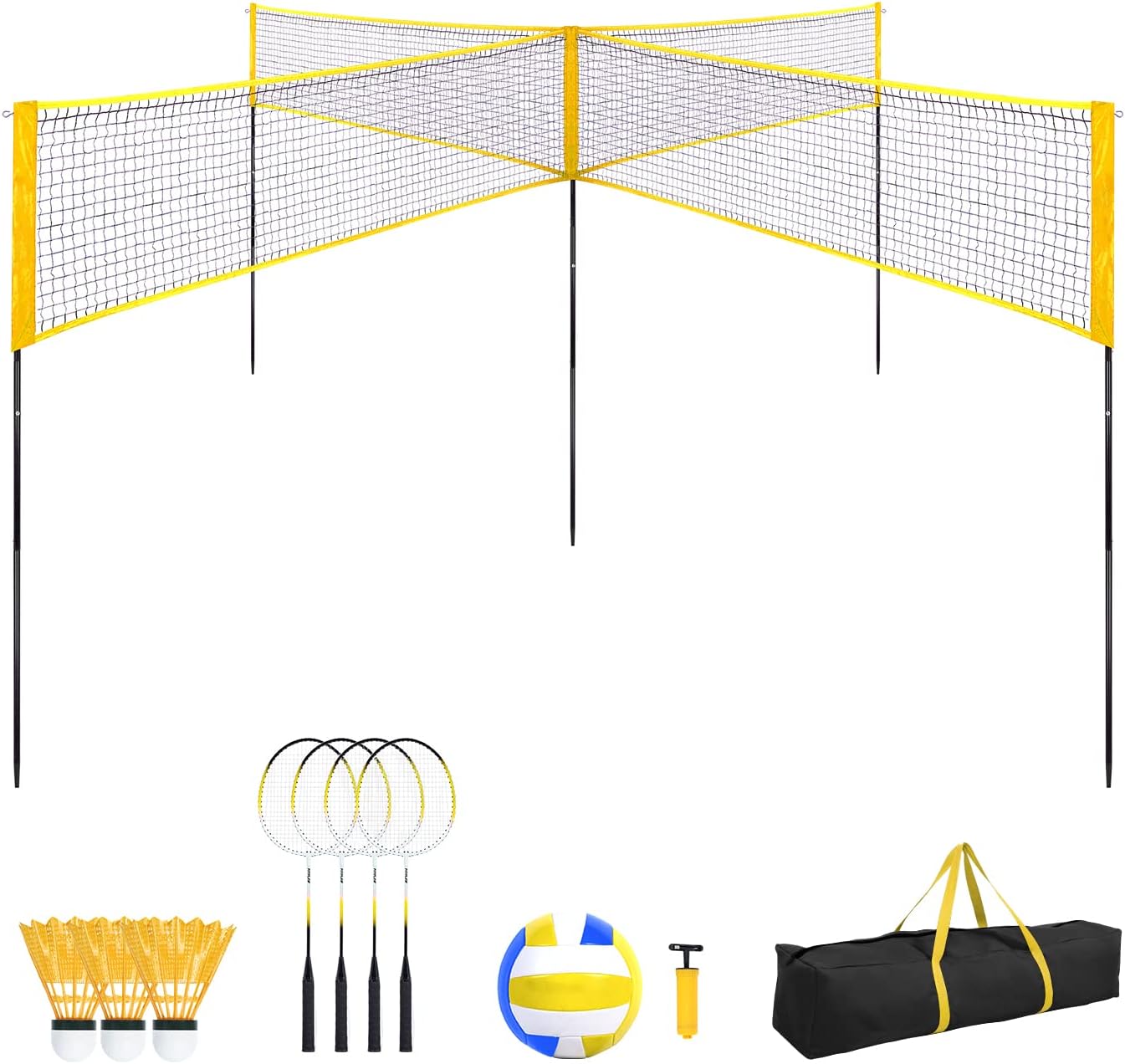 Four Square Volleyball/Badminton Net Set, Height Adjustable 7' or 5'1