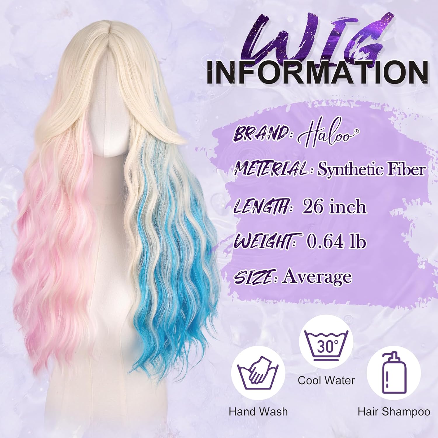 Haloo Pink and Blue Wigs with Curtain Bangs for Women - Long Wavy Middle Part Natural Looking Synthetic Hair Wig for Daily Party Cosplay Costume, 26 Inch - Image 4