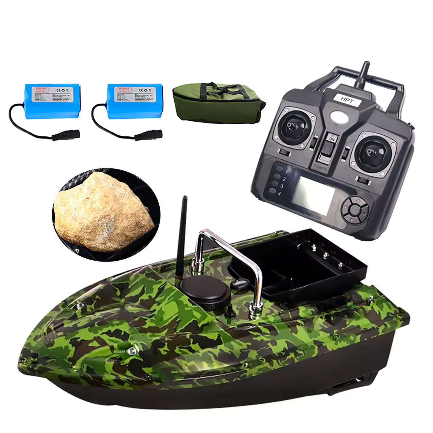 Barco de cebo RC de 500 m para pesca con 2 baterías de 12 000 mAh y bolsa para bote, retorno automático por GPS, capacidad de carga de 1,5 kg (3,3 lb), contenedor de descarga y luz nocturna LED