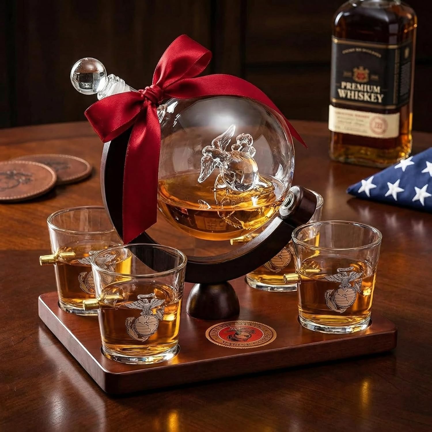 U.S. Marine Globe Whiskey Decanter Set with 4 Liquor Glasses - USMC Gift Set with Mahogany Wood Base & Emblem - USMC Gifts for Men, Bourbon & Scotch Military Gift (29 OZ)