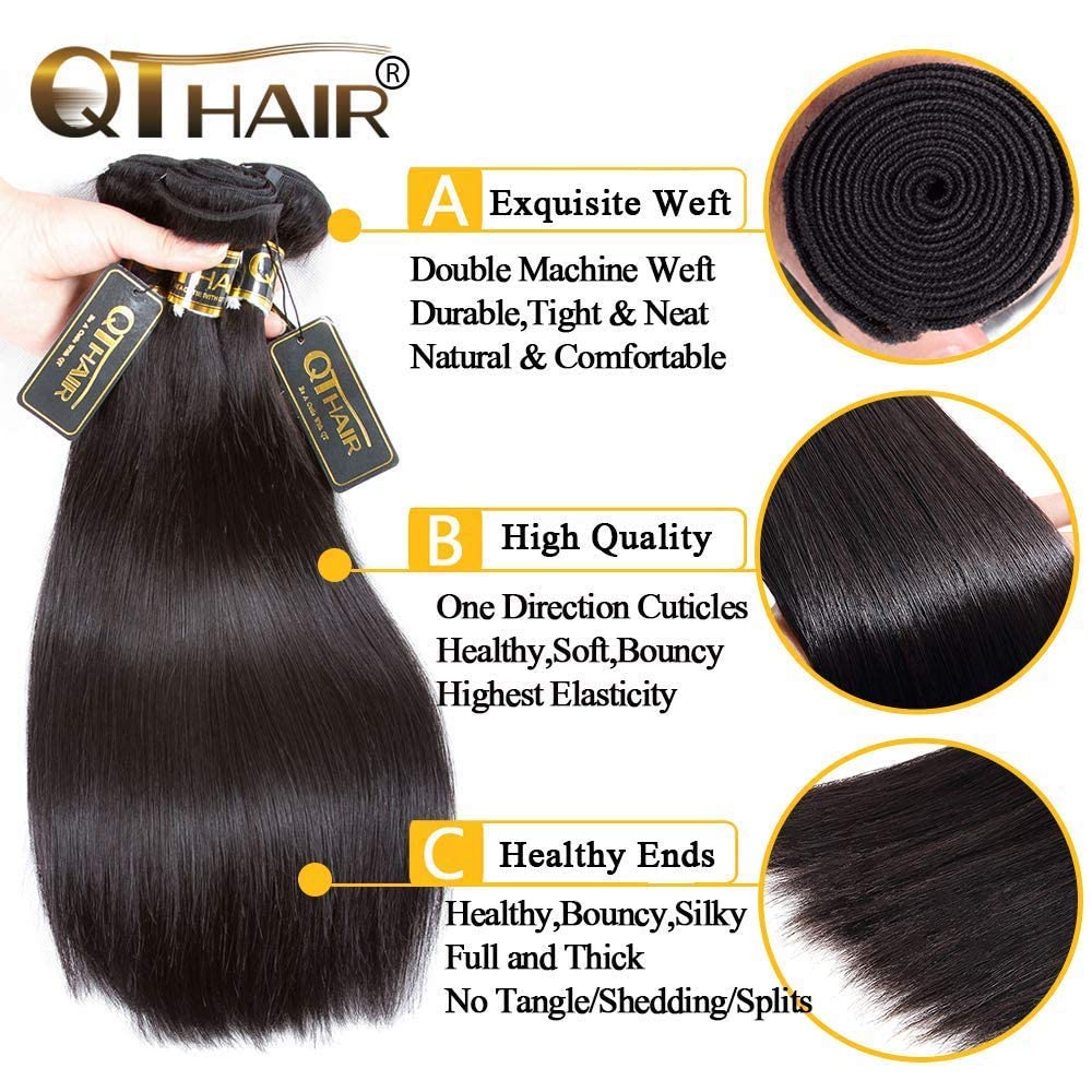 QTHAIR 18A Straight Human Hair Bundles with Closure(16" 18" 20"+14") Cambodian Raw Bundles Human Hair with HD Lace Closure,Natural Black 100% Unprocessed Virgin Hair Extensions