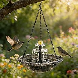 Gartendeko Vogeltränke Hängend Solarbrunnen mit Haken Springbrunnen Solar Vogeltränke Winterfest Metall Vogelbad Garten Futterspender Vögel für Vögel Outdoor 23,5X46cm (D)