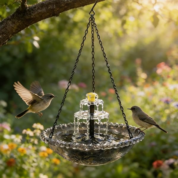 Gartendeko Vogeltränke Hängend Solarbrunnen mit Haken Springbrunnen Solar Vogeltränke Winterfest Metall Vogelbad Garten Futterspender Vögel für Vögel Outdoor 23,5X46cm (D) - 1