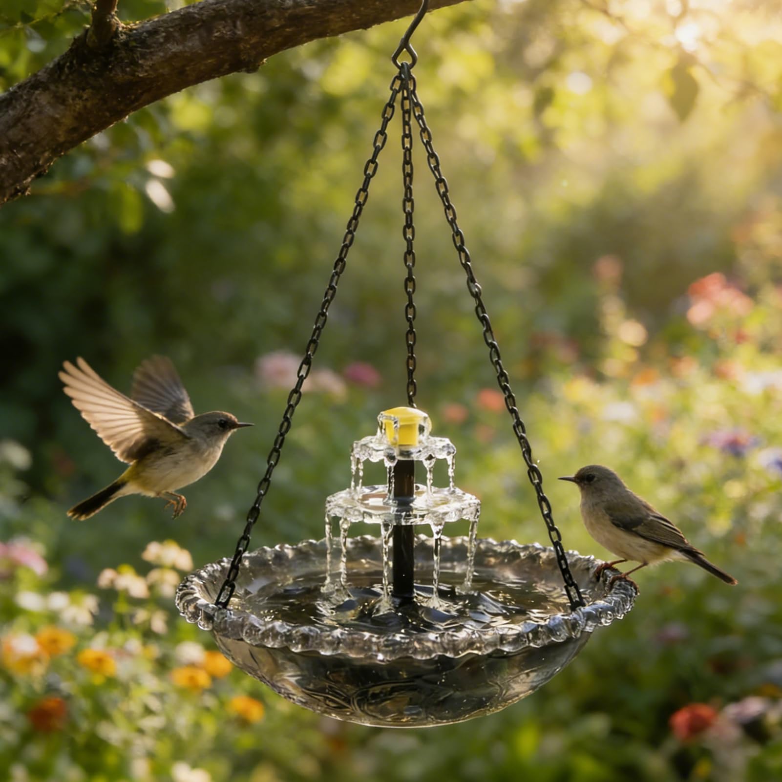 Gartendeko Vogeltränke Hängend Solarbrunnen mit Haken Springbrunnen Solar Vogeltränke Winterfest Metall Vogelbad Garten Futterspender Vögel für Vögel Outdoor 23,5X46cm (D)