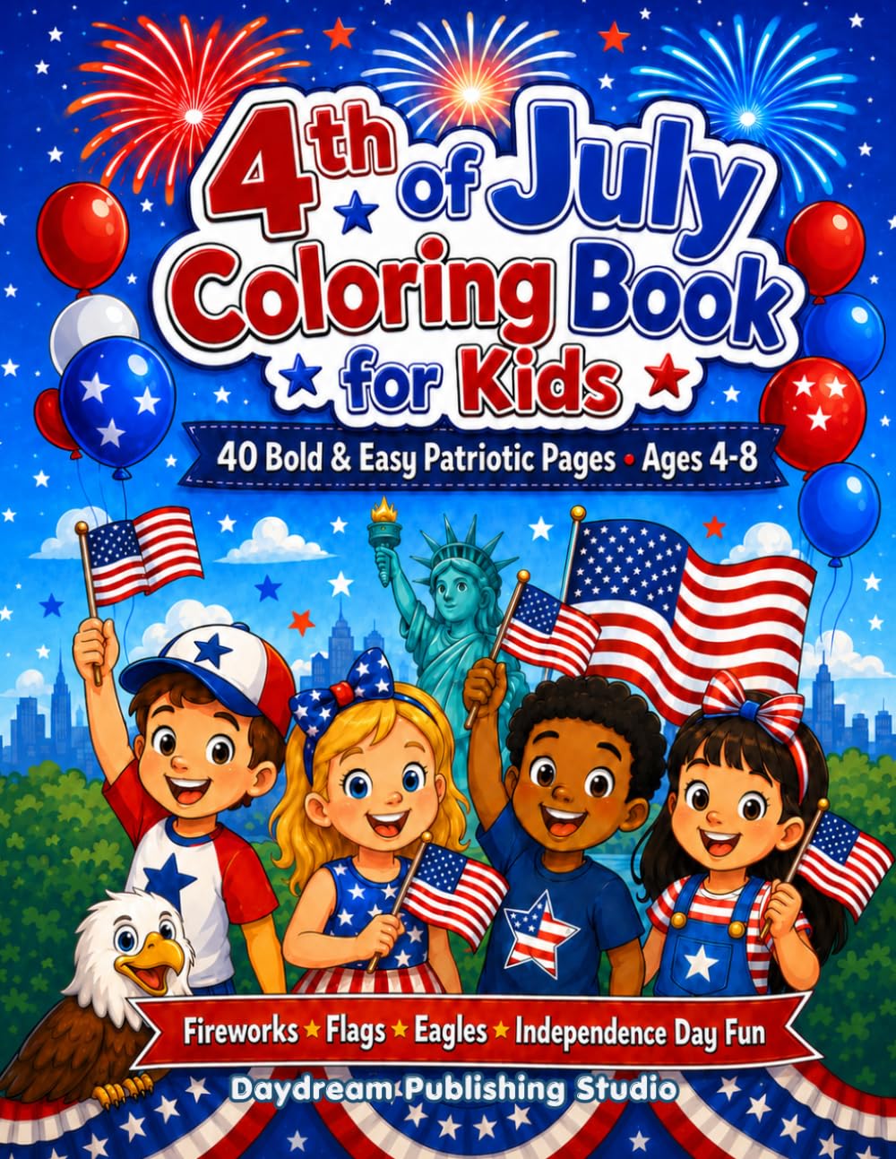 4th of July Coloring Book for Kids: 40 Bold & Easy Patriotic Coloring Pages for Kids Ages 4-8 | Fireworks, Flags, Eagles & Independence Day Fun