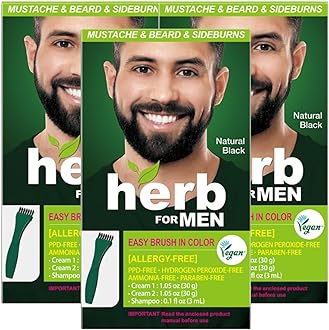Herb For Men Mustache & Beard Dye (Nature Black, 3 Pack), PPD-Free Ammonia-Free, Vegan with Natural Ingredients, Odorless, Gentle for Sensitive Skin, No Skin Irritation