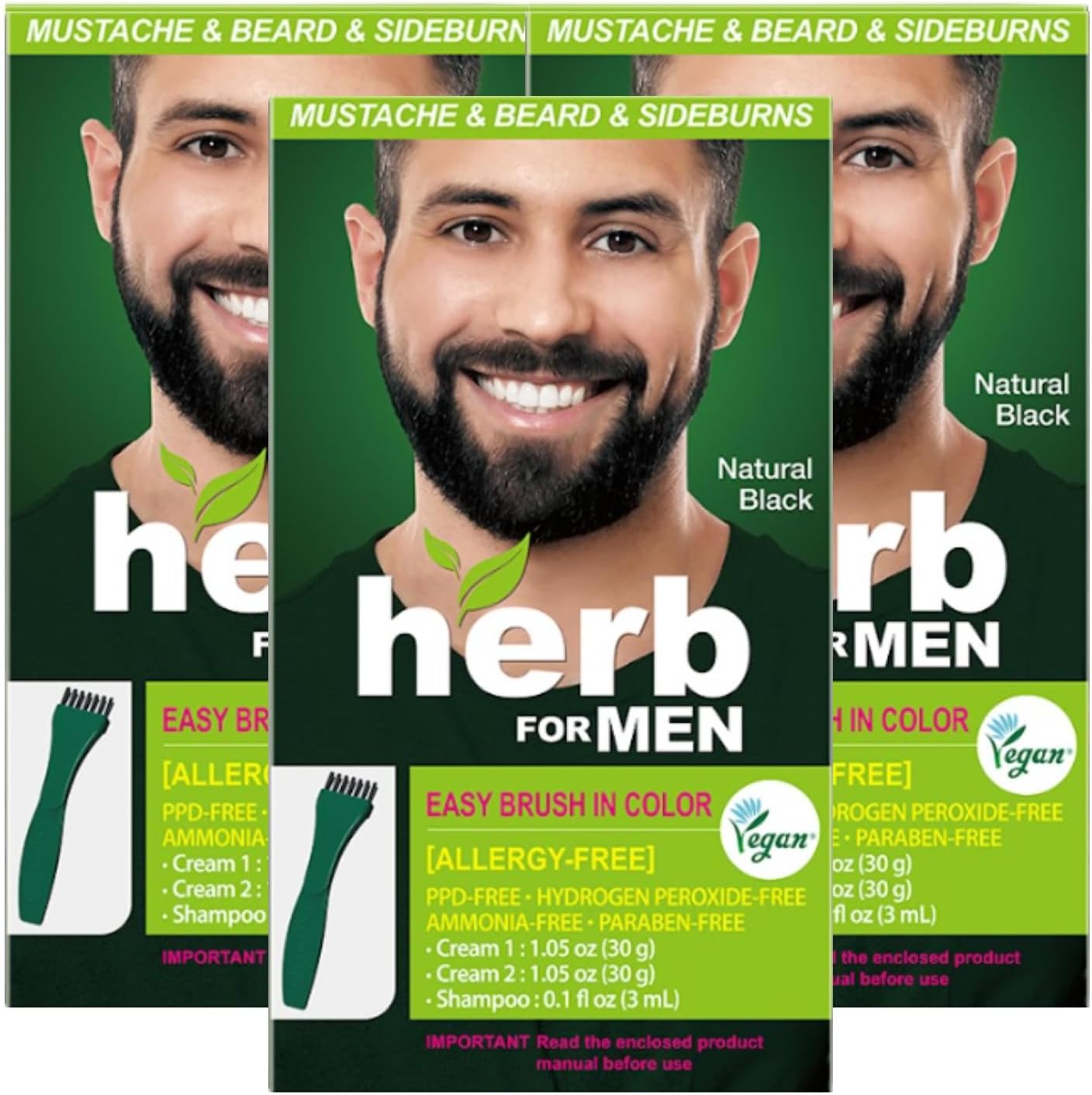 Herb For Men Mustache & Beard Dye (Nature Black, 3 Pack), PPD-Free Ammonia-Free, Vegan with Natural Ingredients, Gentle for Sensitive Skin, No Skin Irritation