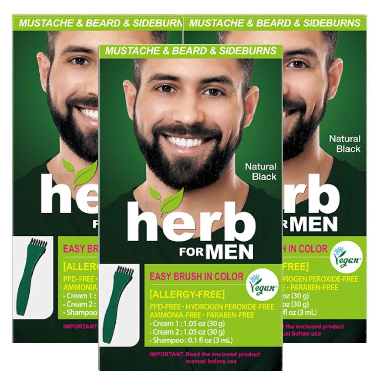 Herb For Men Mustache & Beard Dye (Nature Black, 3 Pack), PPD-Free Ammonia-Free, Vegan with Natural Ingredients, Odorless, Gentle for Sensitive Skin, No Skin Irritation