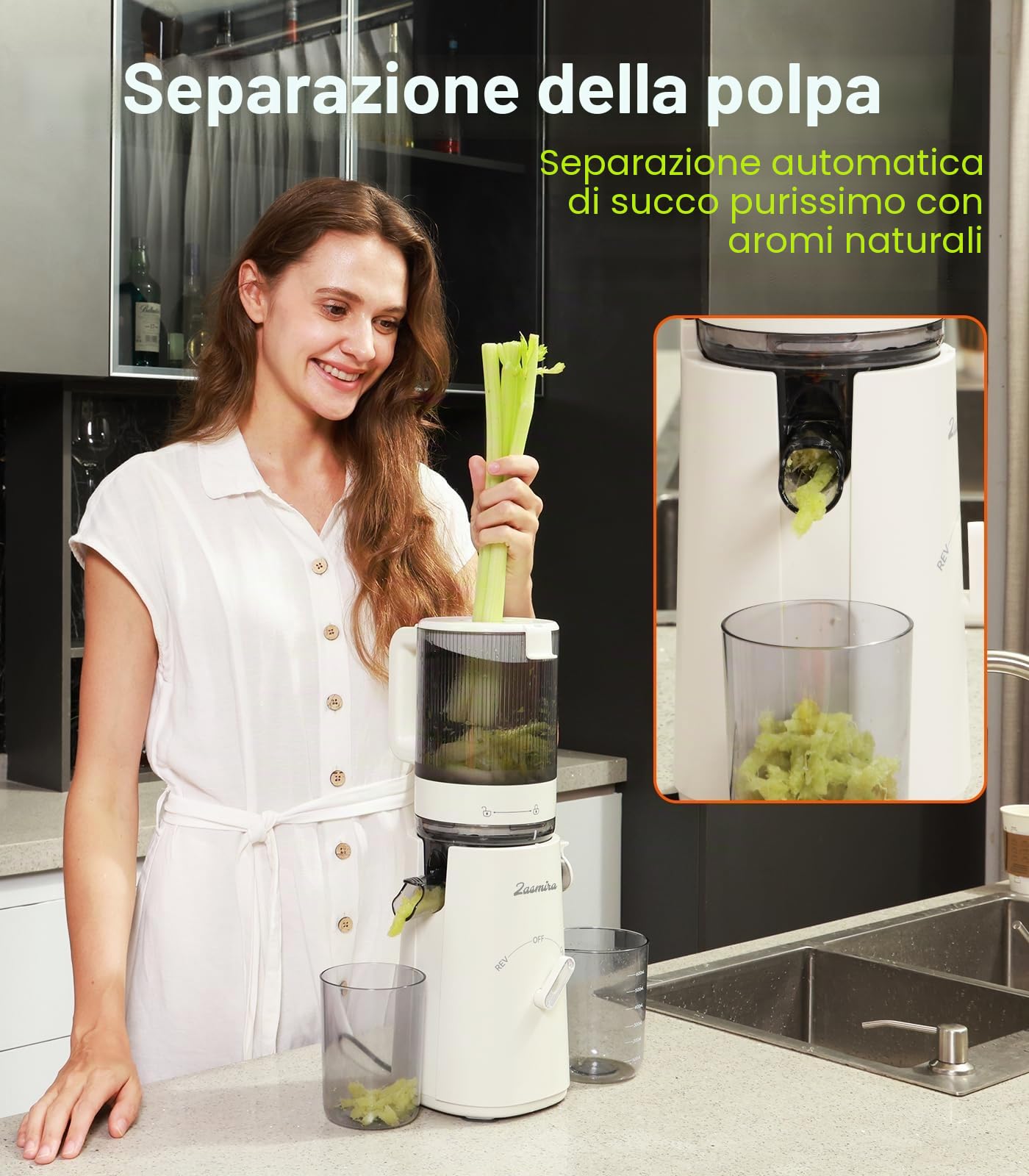 Slow Juicer, Zasmira Spremiagrumi più recente per verdure e frutta con orifizio di carico largo 120 mm, Alte rese di succo per verdure e frutta intere, Facile da pulire