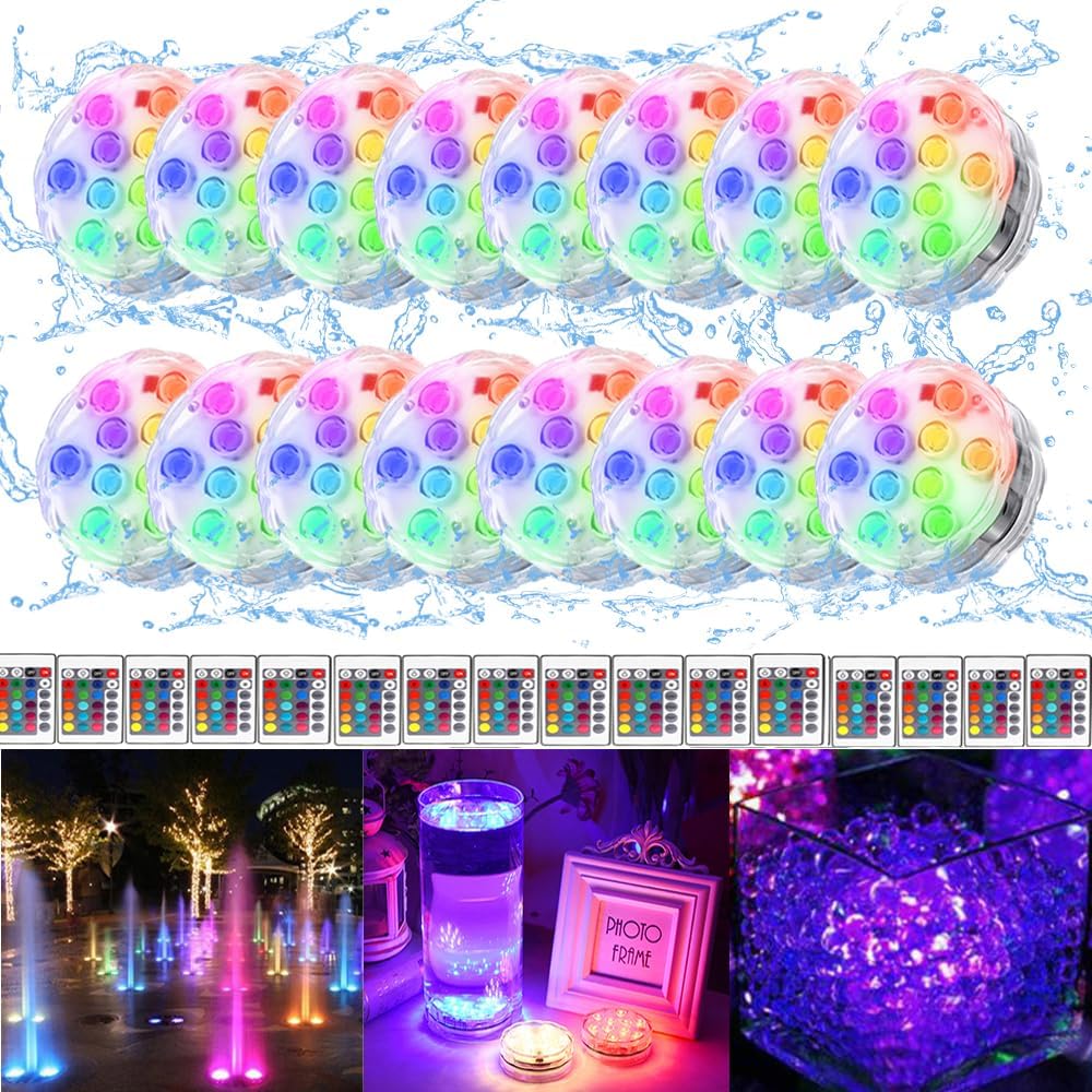 Submersible LED Lights with Remote, 16 Colors Changing Submersible Pool Lights for Above Ground Pools, Waterproof Led Puck Lights Tea Lights, Battery Operated Pond Lights for Vase Aquarium (16)