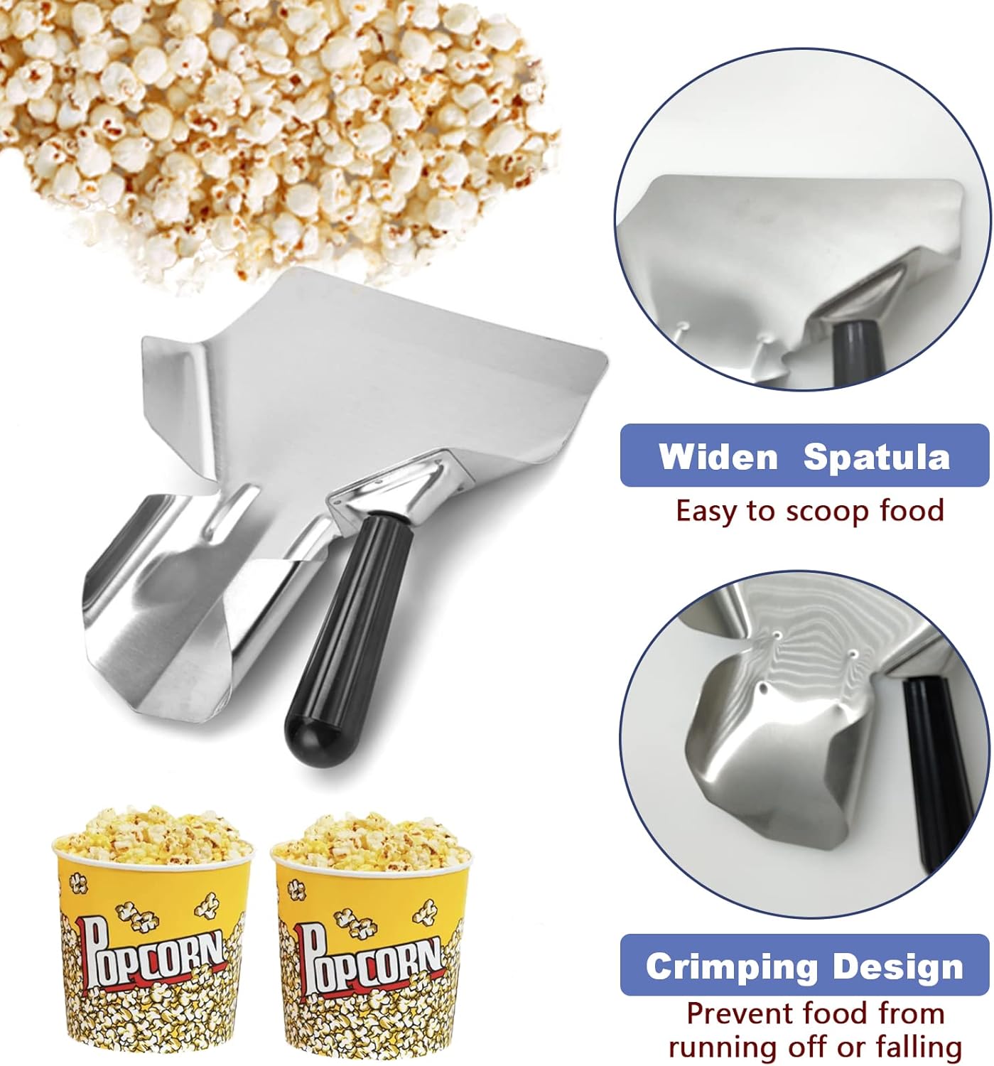 French Fry Popcorn Scoop Scooper, Stainless Steel Popcorn Scoop, Quick Fill Tool for Chip Popcorn Bagger Bags, Multipurpose Utility Scooper for Popcorn Machine Ice Candy Snacks Desserts - Image 2